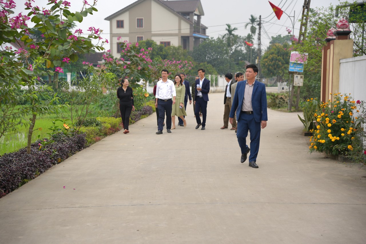 Các đoàn khách tham quan con đường hoa tại xã Hưng Tân